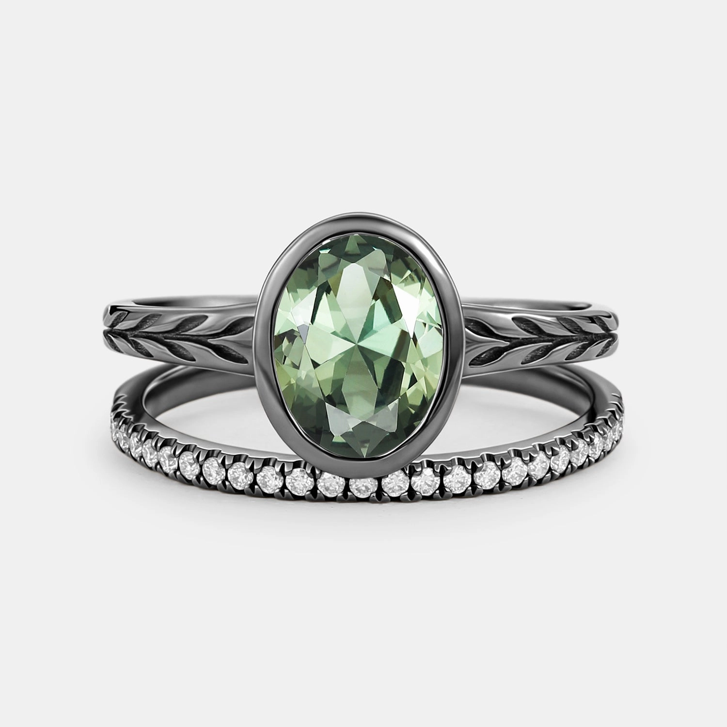 Casual Gift Elegant Jewelry Oval Cut Lab Green Sapphire Bezel Engagement Ring Set 2pcs