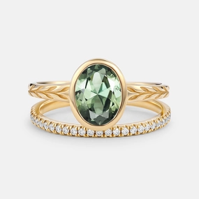 Oval Cut Lab Green Sapphire Bezel Engagement Ring Set 2pcs Timeless Craft