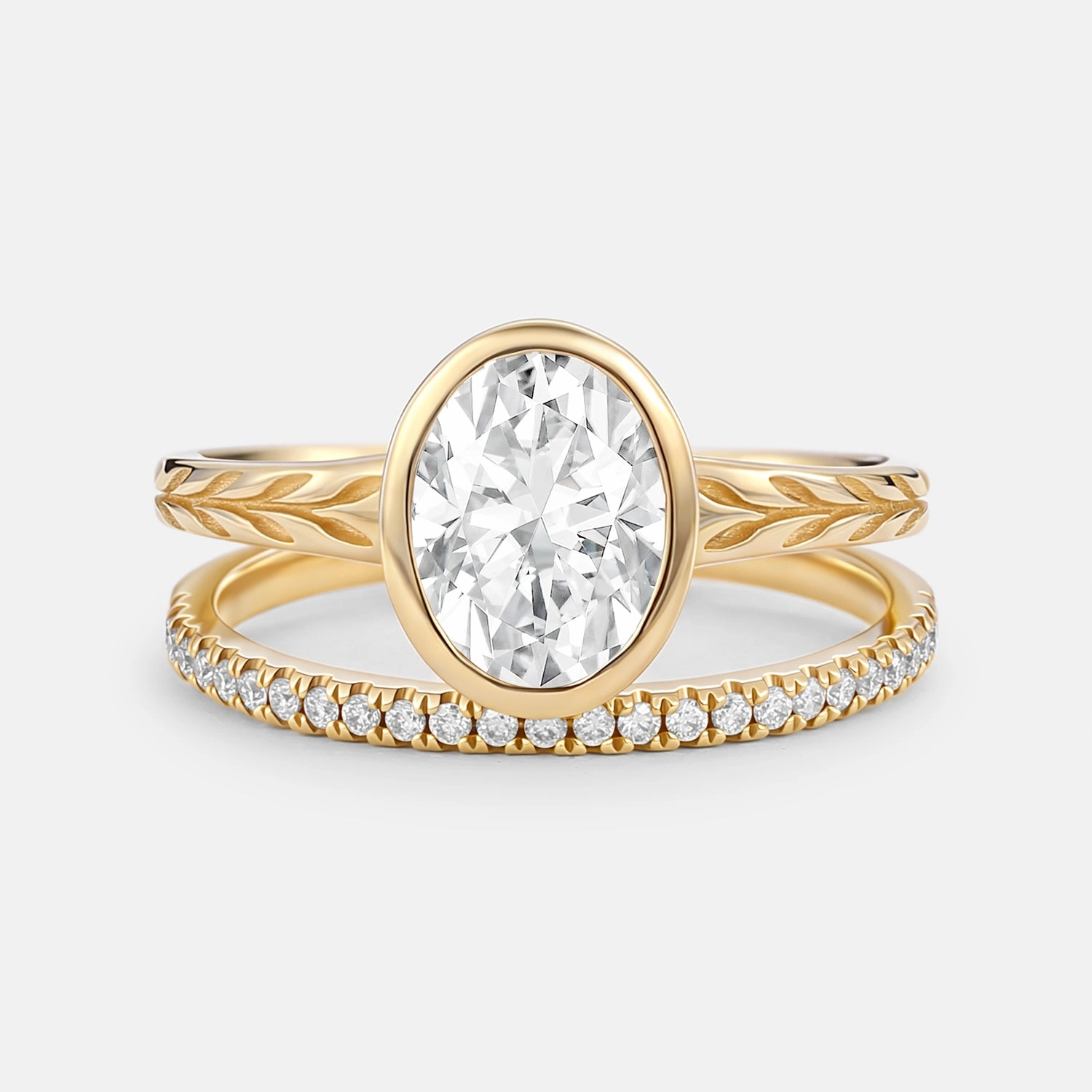 Layered Elegance Everyday Glam Oval Cut Lab Green Sapphire Bezel Engagement Ring Set 2pcs