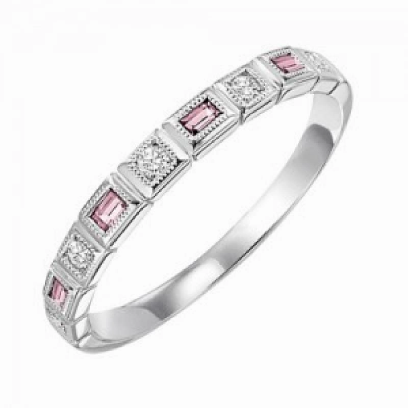 Pink Tourmaline Birthstone Emerald Cut Ring 10K White Gold Corrosion resistant
