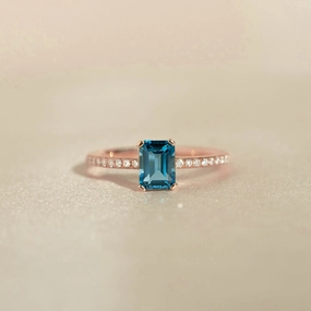 Baguette London Blue Topaz and Diamond Ring Rose Gold - Safiya Exclusive Touch