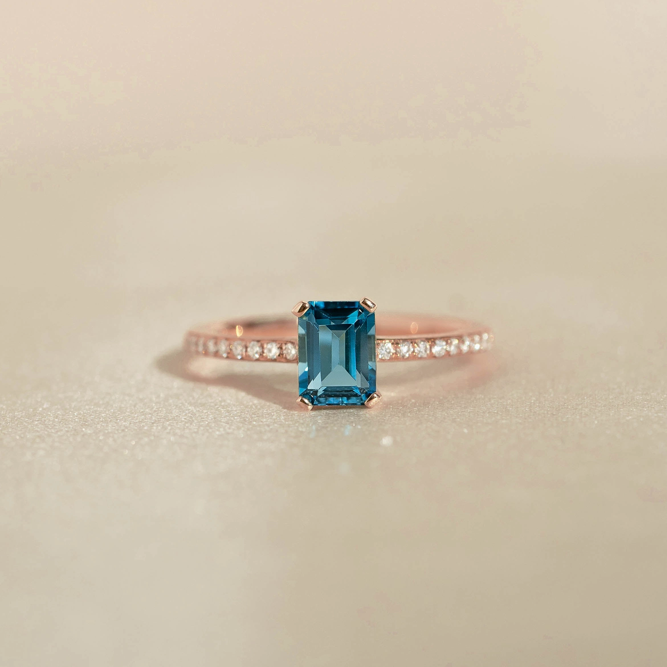 Baguette London Blue Topaz and Diamond Ring Rose Gold - Safiya Handcrafted Style
