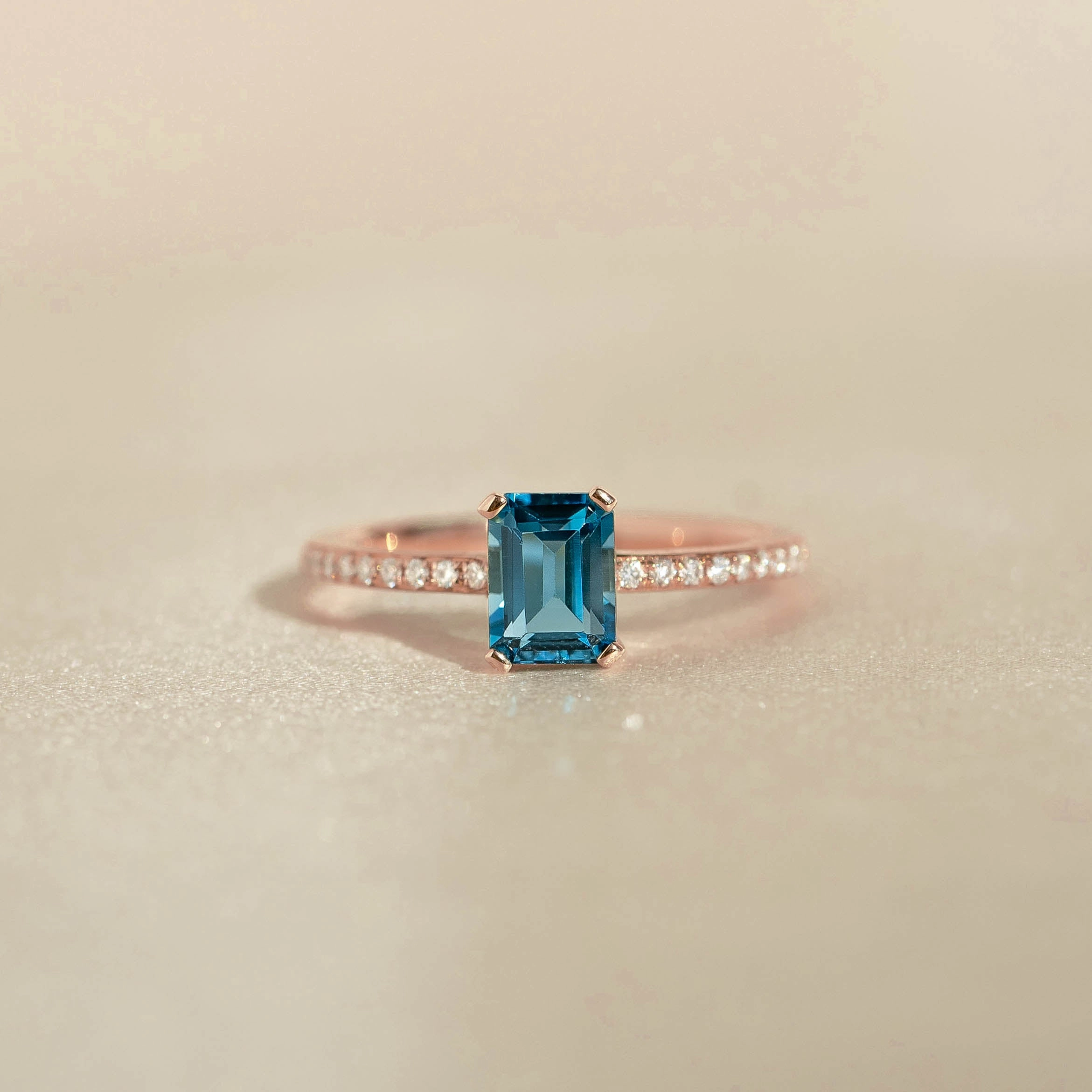 Baguette London Blue Topaz and Diamond Ring Rose Gold - Safiya Flawless Radiance Statement Accessory