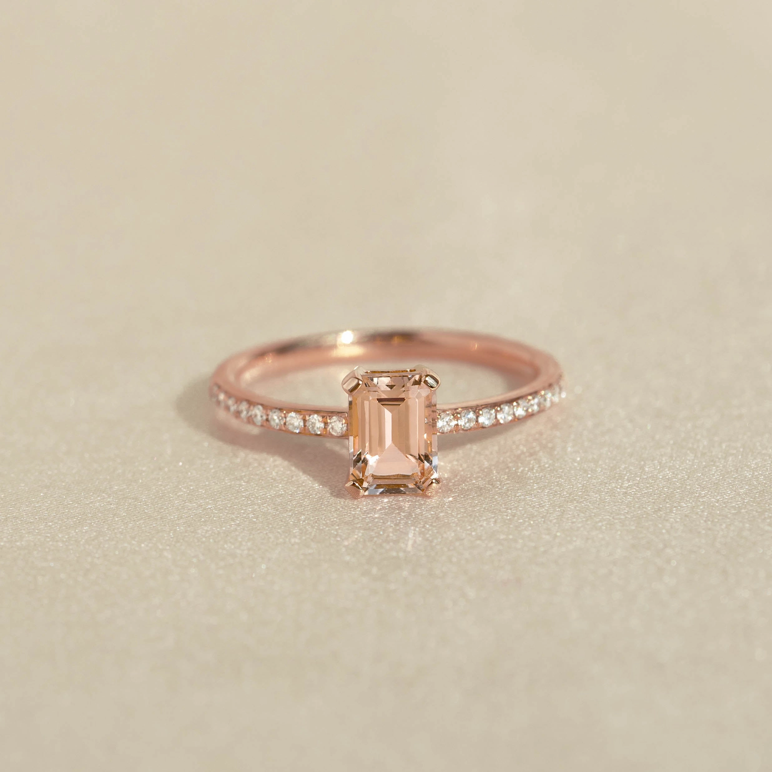 Baguette Morganite and Diamond Ring Rose Gold - Safiya Brilliant Shine