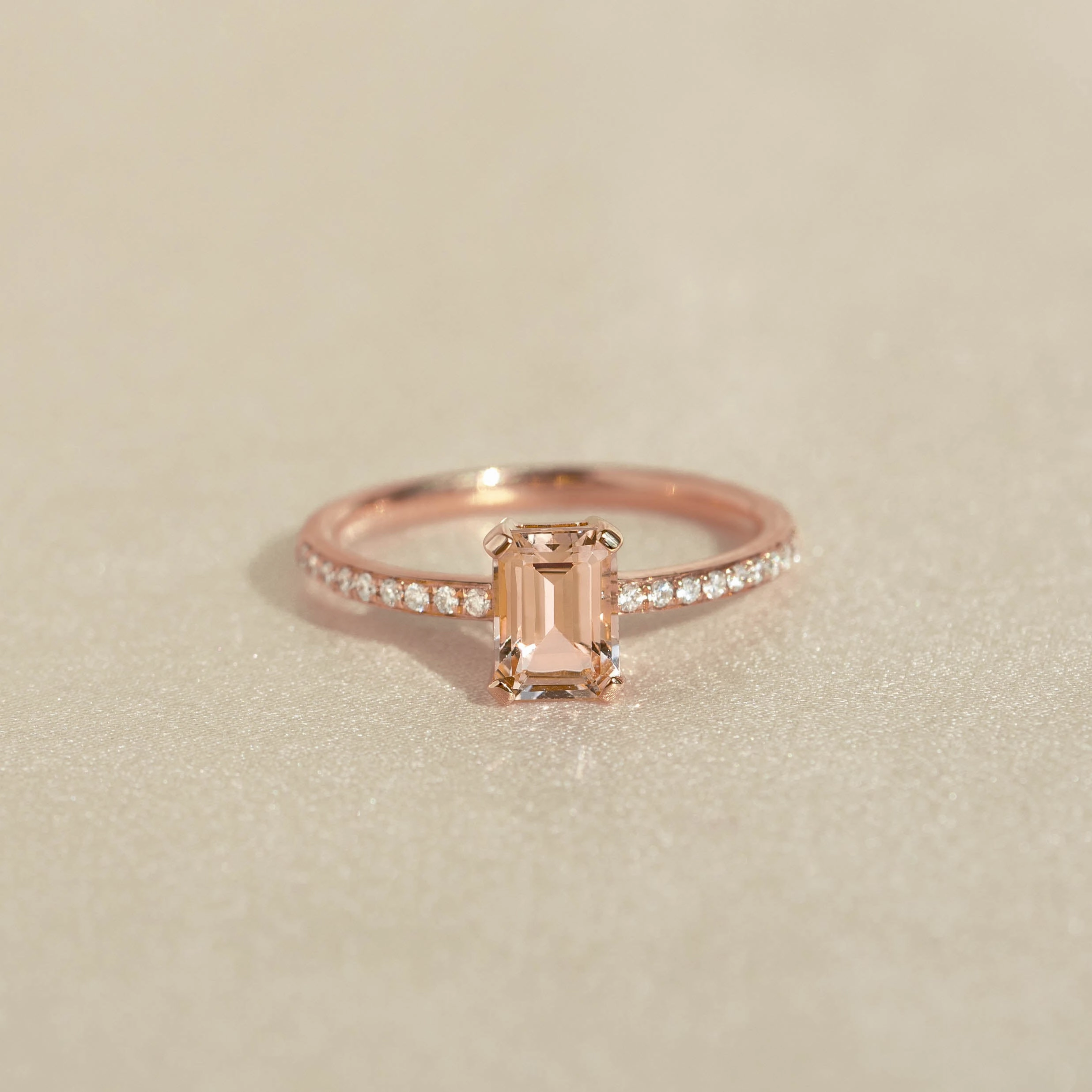 Baguette Morganite and Diamond Ring Rose Gold - Safiya Handmade Jewelry Pieces