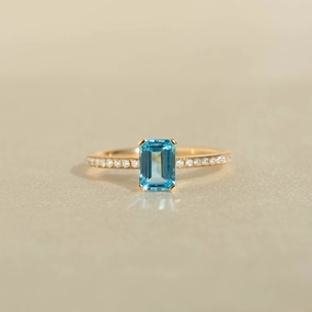 Dainty Edge Baguette Swiss Blue Topaz and Diamond Ring 14k Gold - Safiya