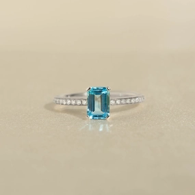 Cozy Glam Elegant Layer Baguette Swiss Blue Topaz and Diamond Ring White Gold - Safiya