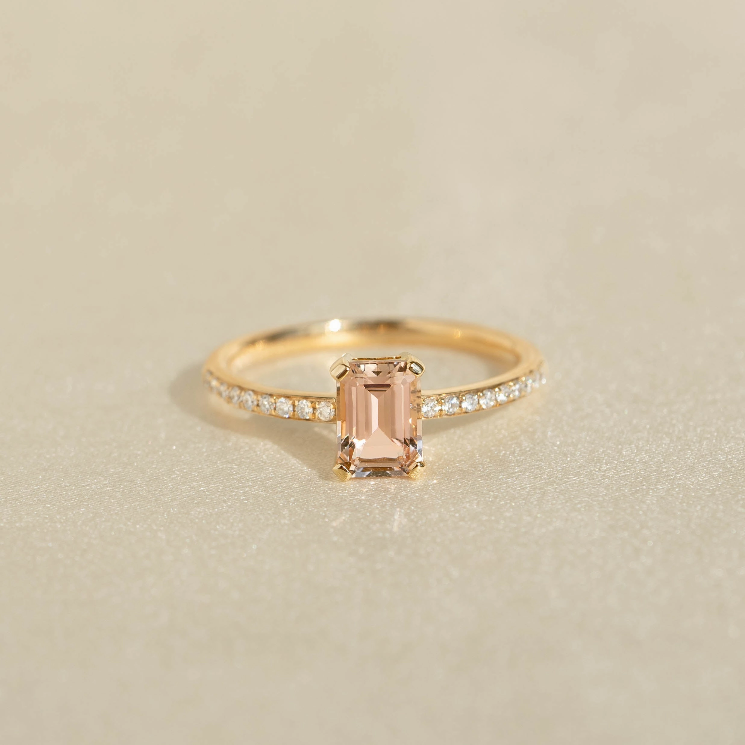 Unique Finish Baguette Morganite and Diamond Ring 14k Gold - Safiya