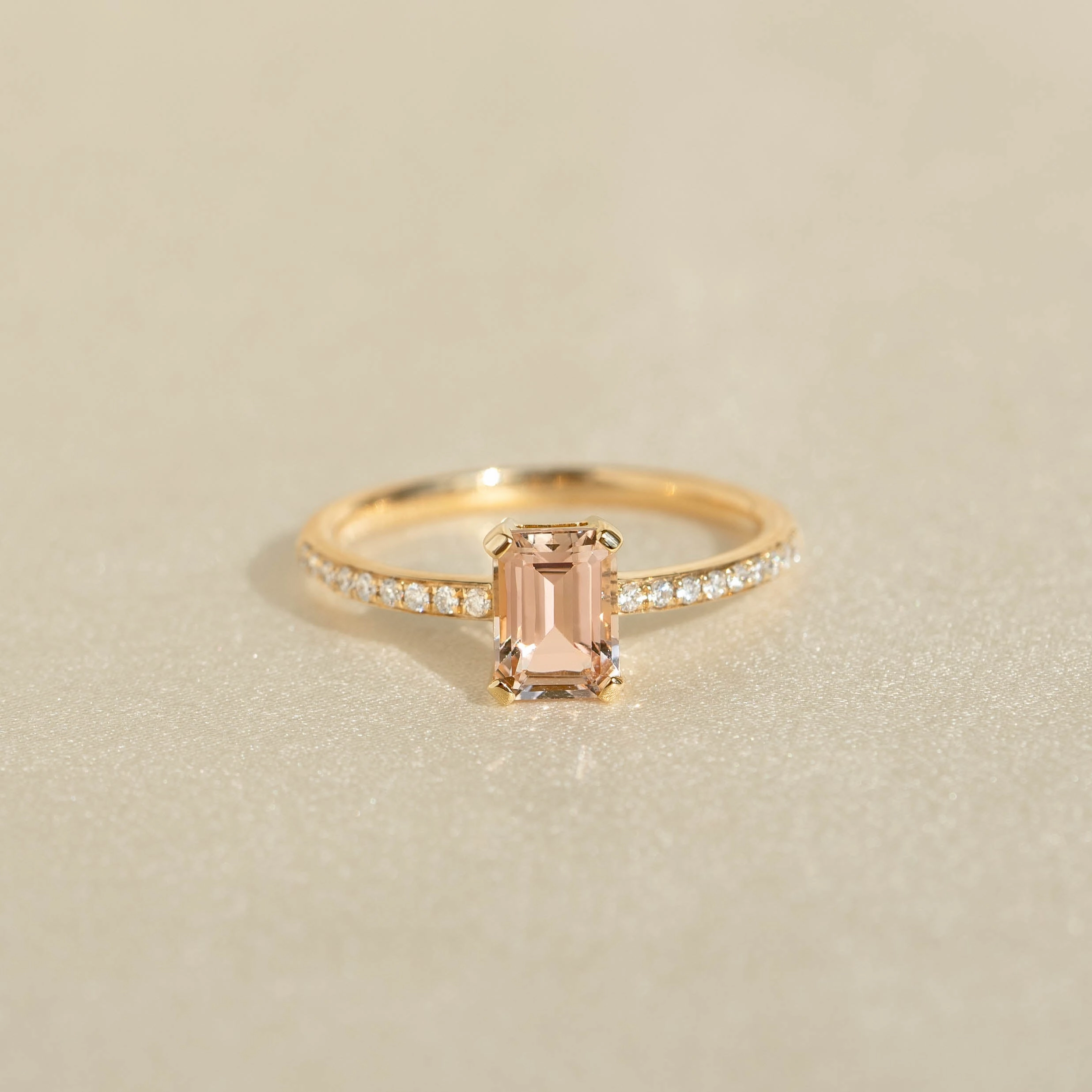 Baguette Morganite and Diamond Ring 14k Gold - Safiya Effortless Look Winter Accent