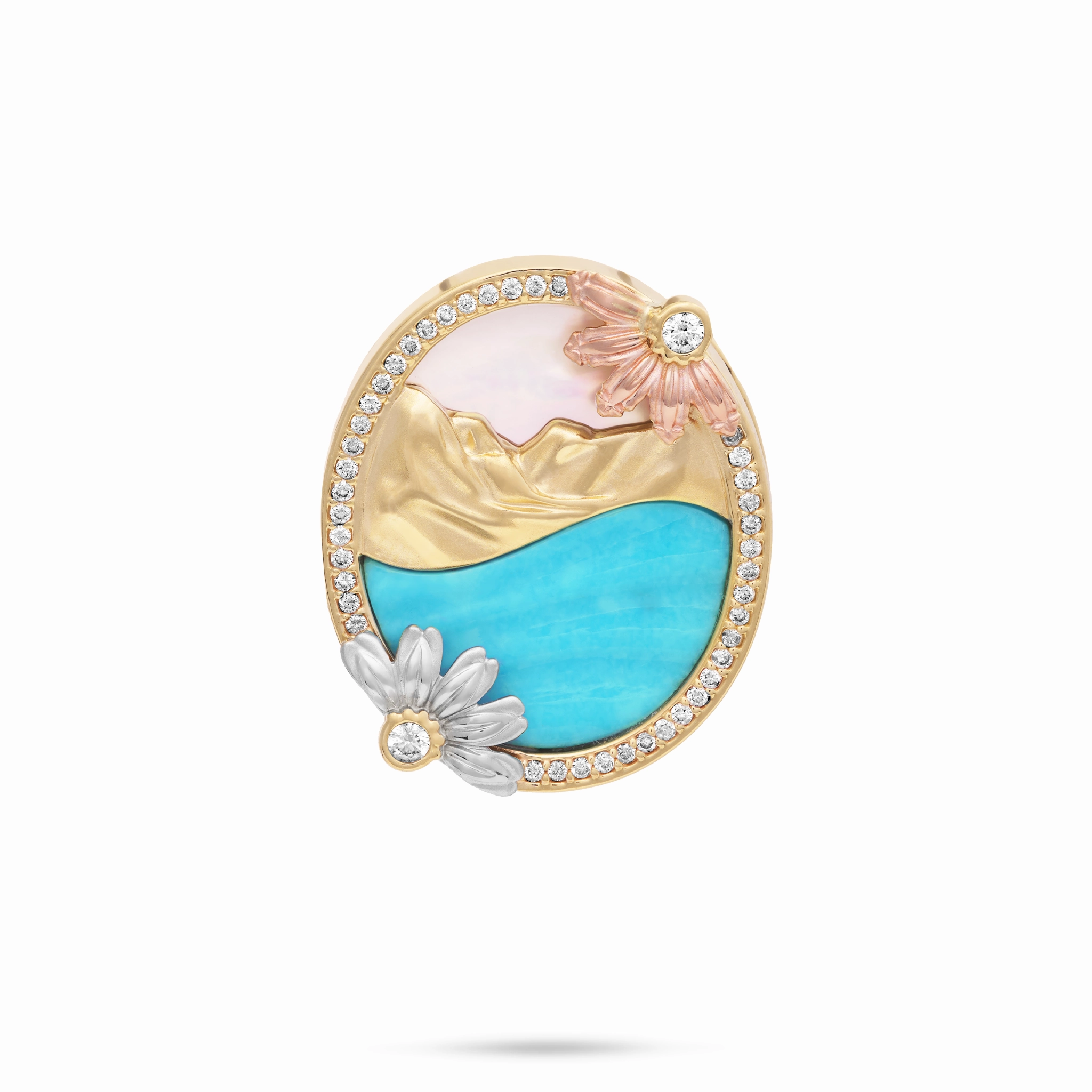 Beach & Mountain Naupaka Turquoise & Mother of Pearl Pendant in Tri Color Gold with Diamonds Exquisite Edge Everyday Favorite