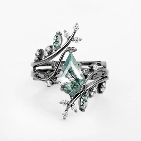 Nature Inspired - Black Gold Kite Cut Moss Agate Cage Ring 2pcs - Knight Timeless Shine