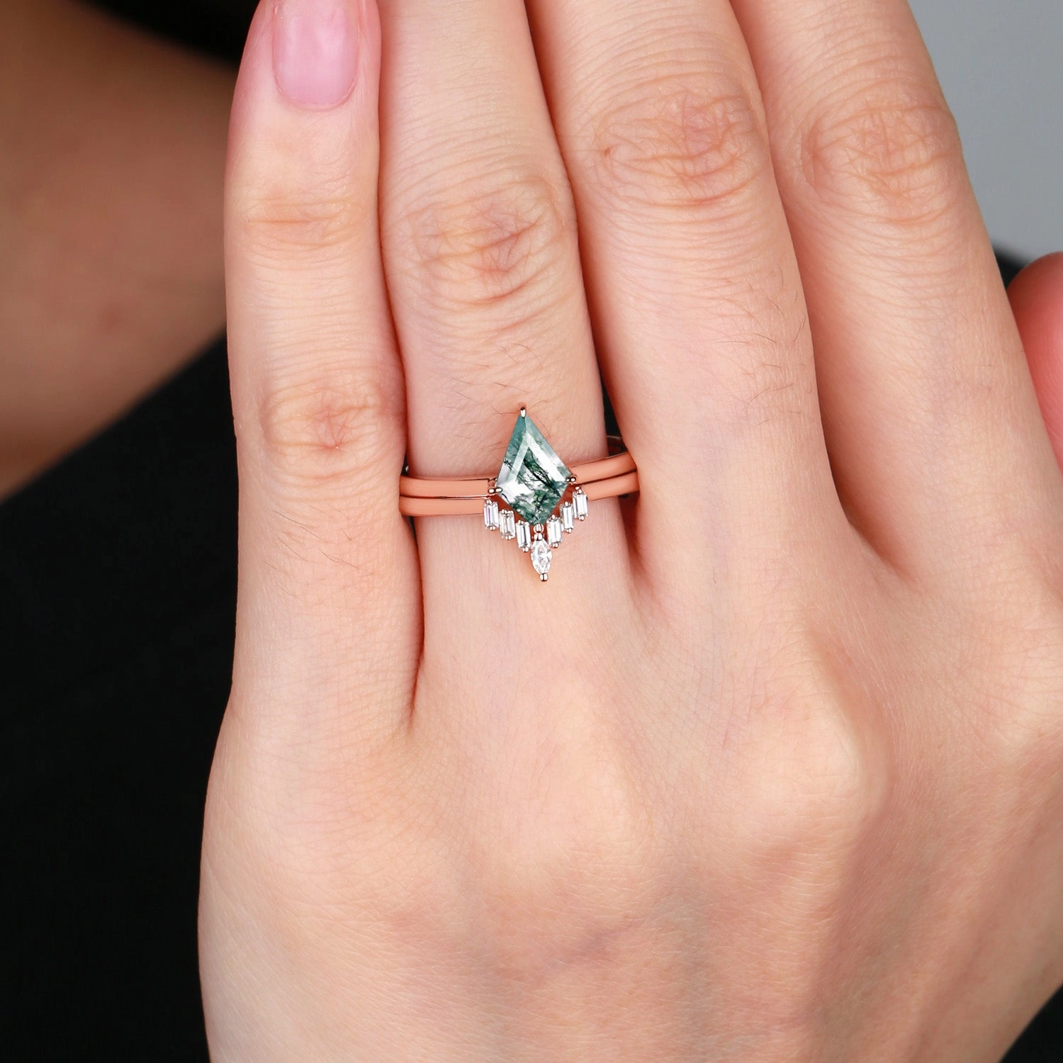 Timeless Finish Black Gold Moss Agate Baguette Engagement Ring Set 2pcs