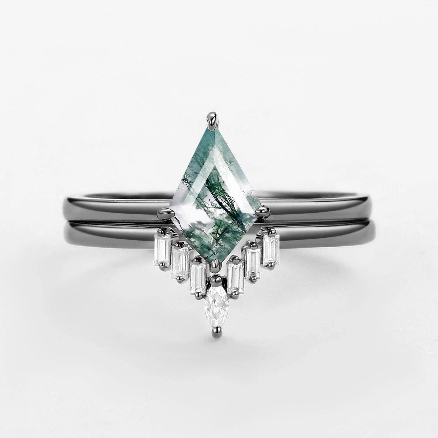 Special Function Black Gold Moss Agate Baguette Engagement Ring Set 2pcs