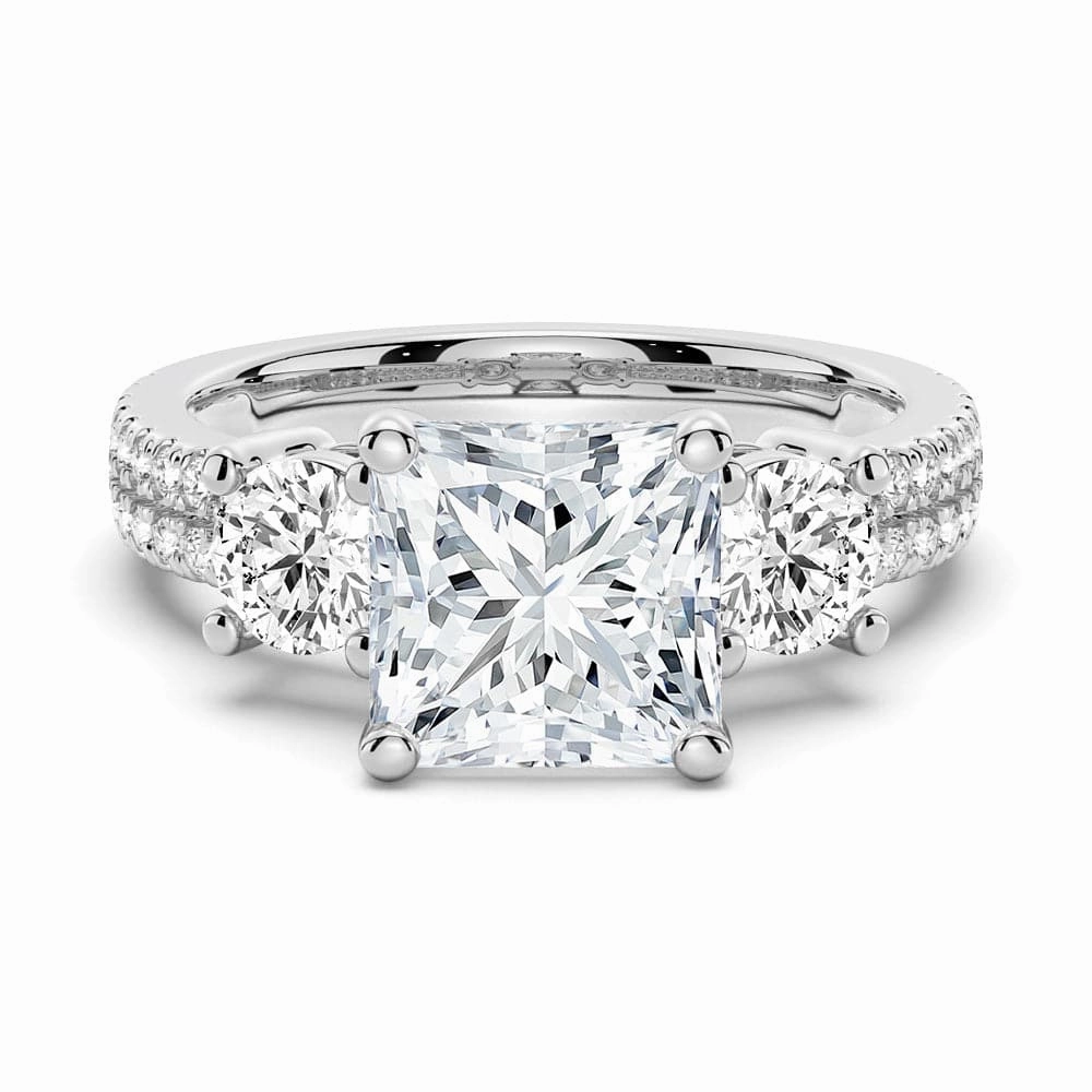 Shimmering Detail Opulent Detail Double Row Pave Three Stone Princess Cut Moissanite Engagement Ring
