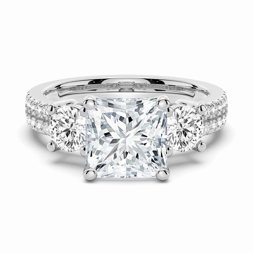 Signature Finish Modern Look Double Row Pave Three Stone Princess Cut Moissanite Engagement Ring