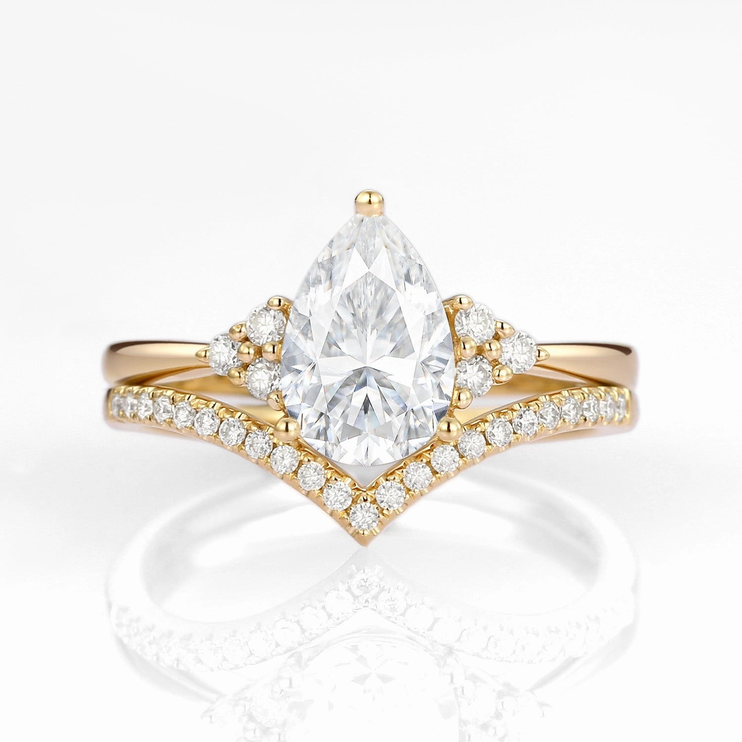 Pear Shaped Moissanite Chevron Rose Gold Ring Set 2pcs - Lily Layered Finish