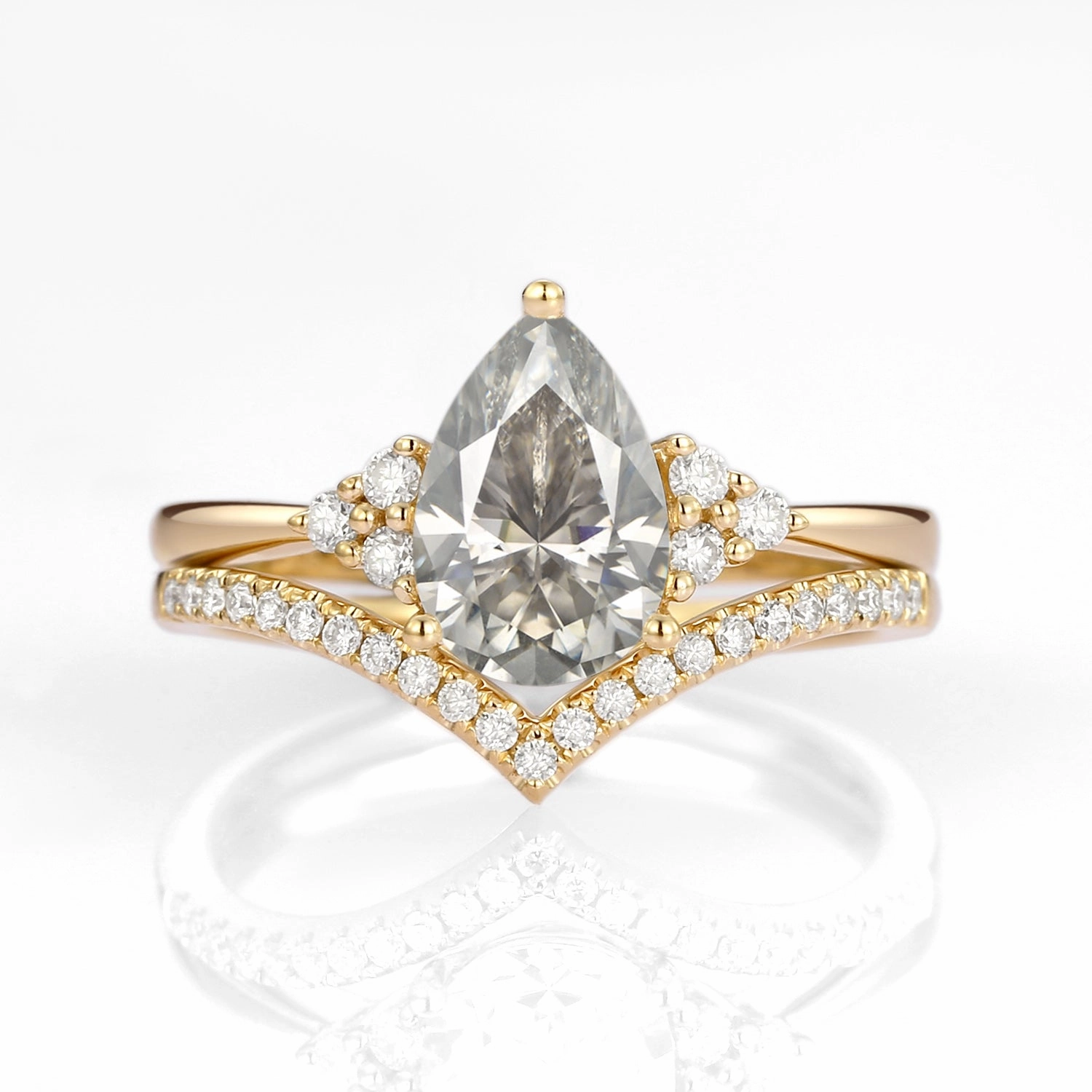 Gift Moment Glamour Effect Pear Shaped Moissanite Chevron Rose Gold Ring Set 2pcs - Lily