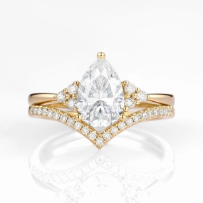 Pear Shaped Moissanite Chevron Rose Gold Ring Set 2pcs - Lily Layered Finish