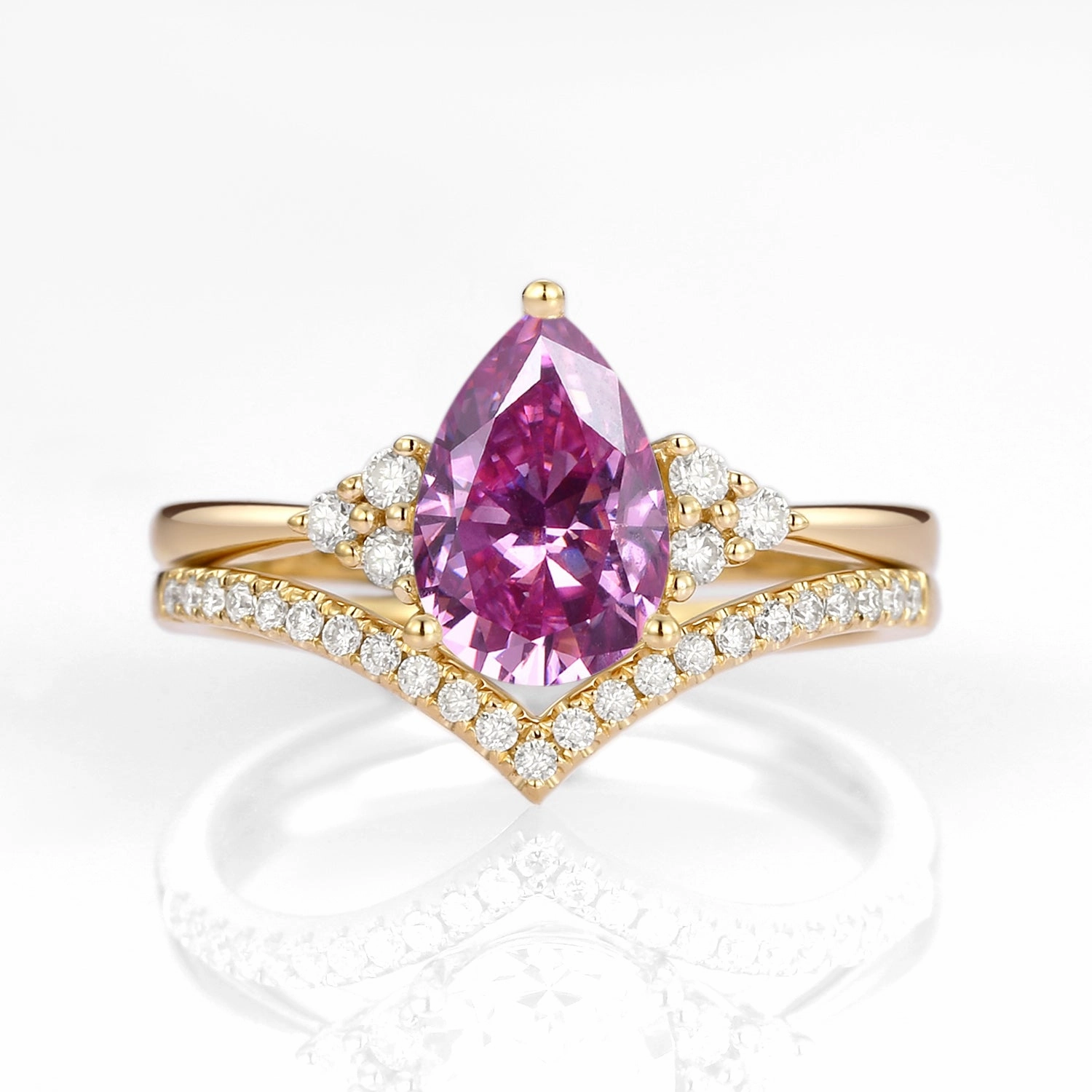 Vogue Touch Pear Shaped Moissanite Chevron Rose Gold Ring Set 2pcs - Lily