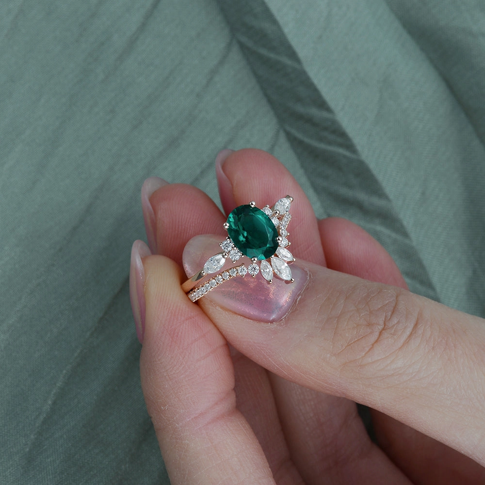 Timeless Flow Black Gold 1.5ct Oval Cut Moss Agate Engagement Ring Set 2pcs