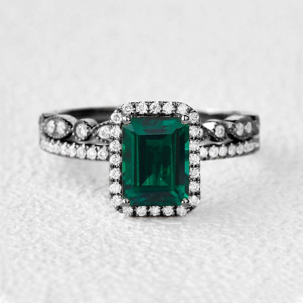 Model Jewelry country style Black Gold Emerald & Moissanite Halo Gold Ring Set 2pcs