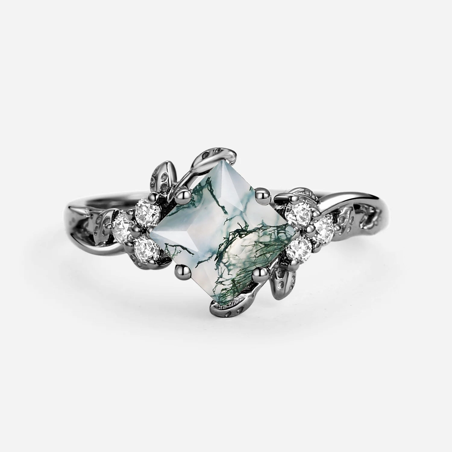 Simple Style Modern Motion Black Gold Green Leafy Princess Cut Moss Agate Engagement Ring