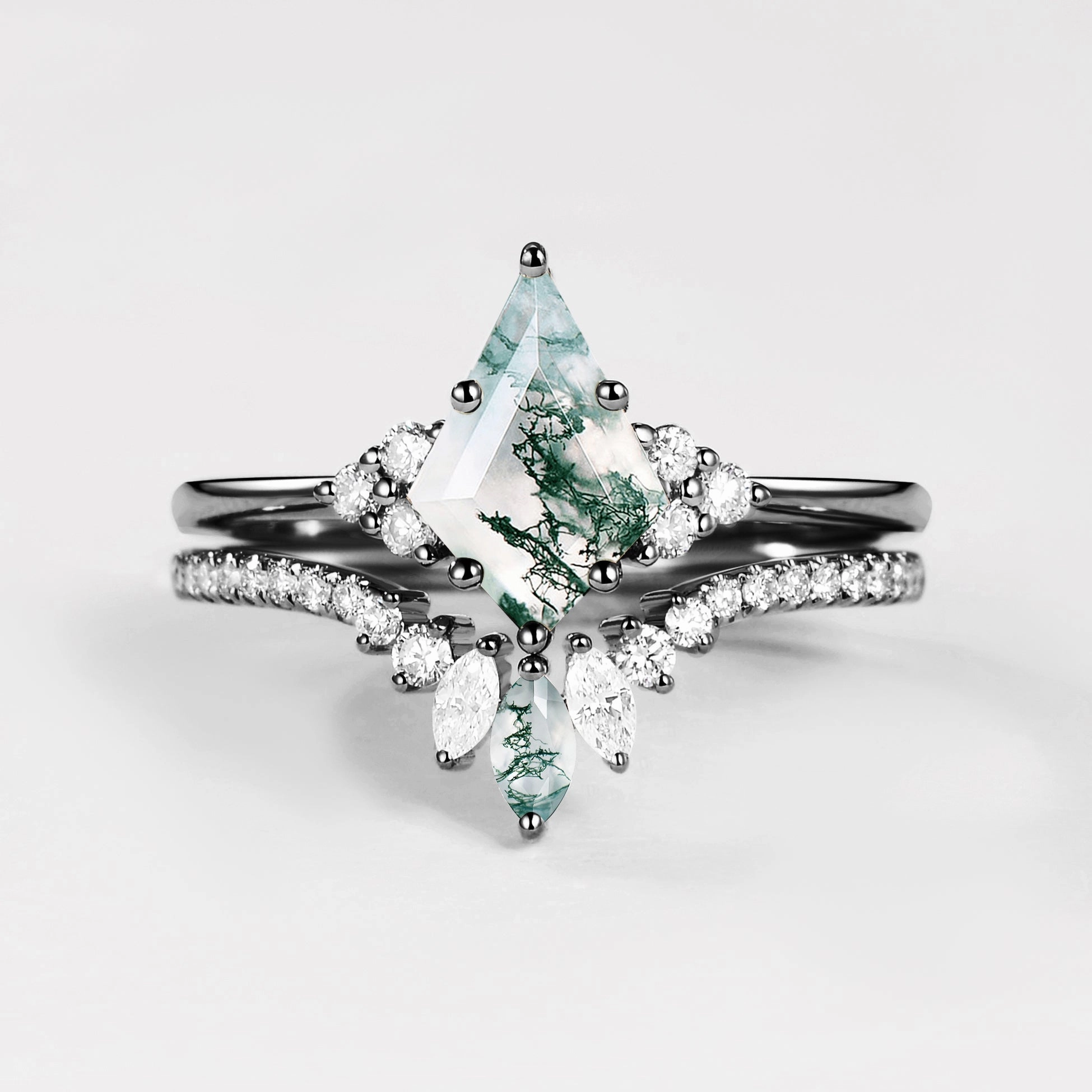 Black Gold Green Moss Agate Cluster Engagement Ring Set 2pcs Refined Balance