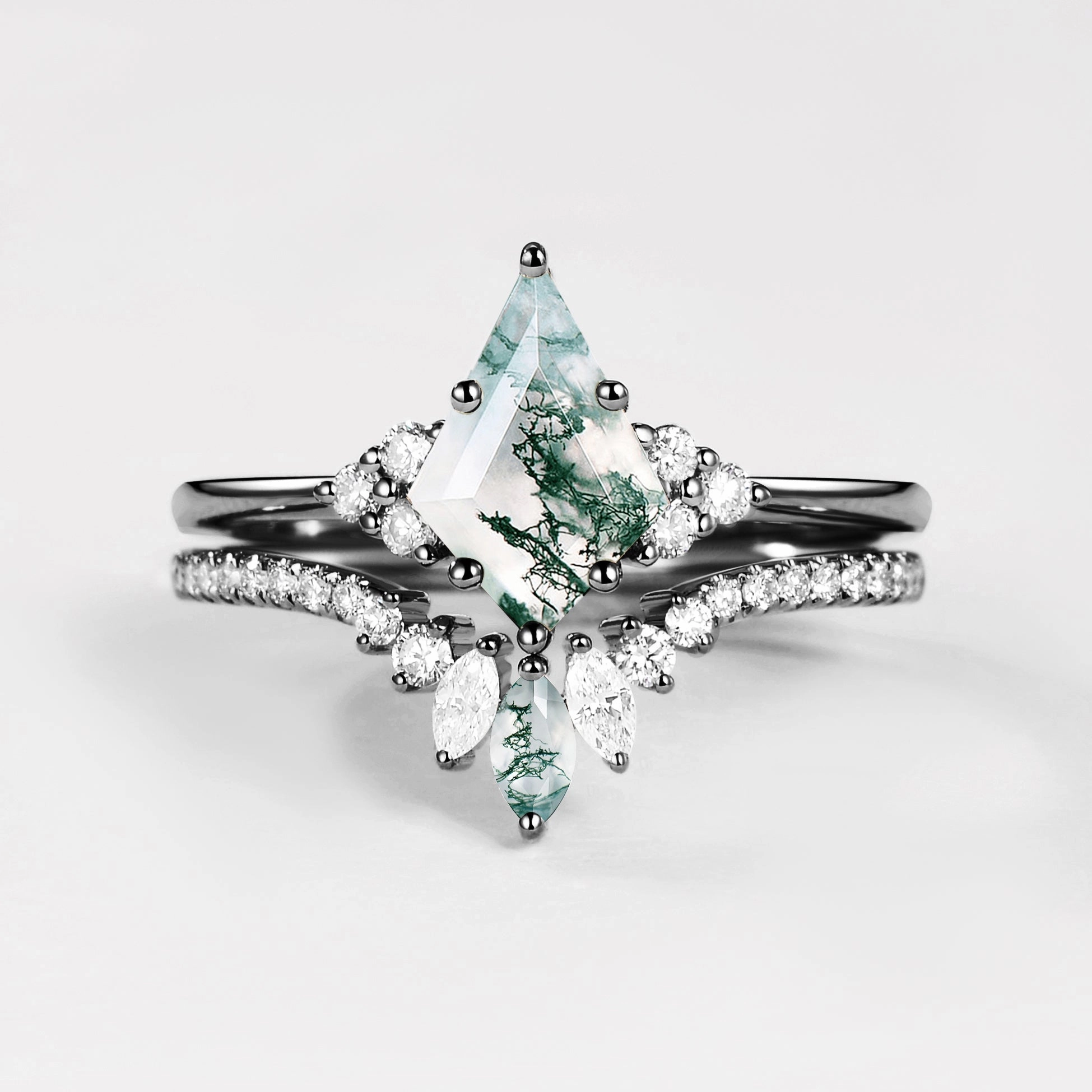 Black Gold Green Moss Agate Cluster Engagement Ring Set 2pcs Affordable Article Manufactured Product