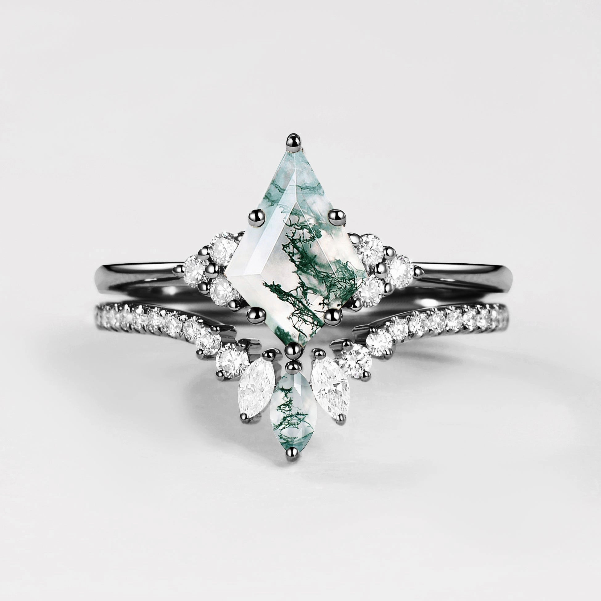 Compact Design Black Gold Green Moss Agate Cluster Engagement Ring Set 2pcs