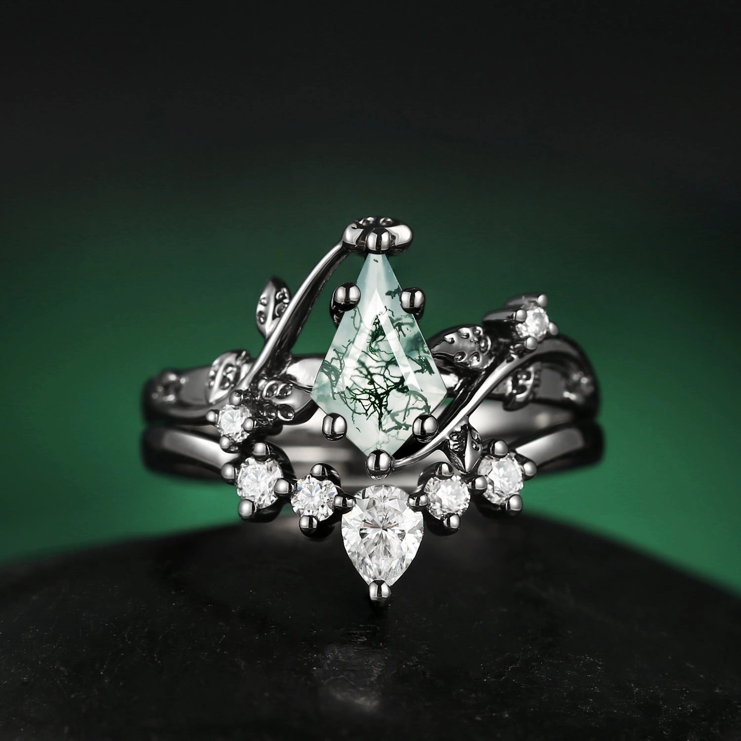 Black Gold Kite Cut Moss Agate Leafy Bridal Ring Sets 2pcs - Willow Urban Chic