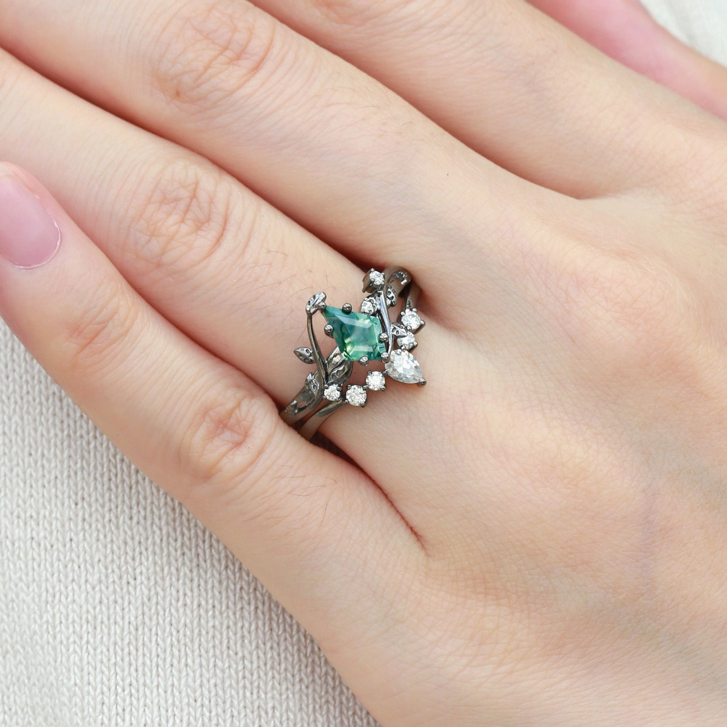 Black Gold Kite Cut Moss Agate Leafy Bridal Ring Sets 2pcs - Willow Exquisite Statement Anniversary Accent