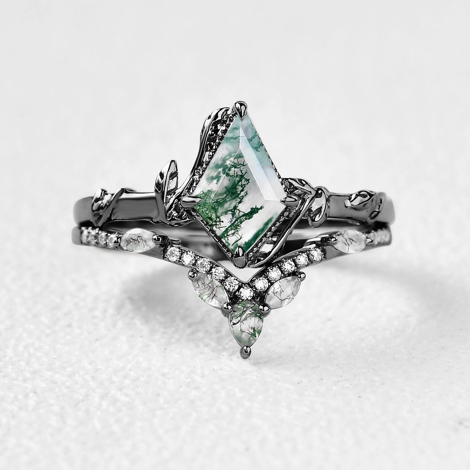 Unique Item Black Gold Kite Cut Moss Agate Leafy Ring Sets 2pcs - Lark