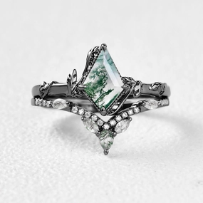Unique Item Black Gold Kite Cut Moss Agate Leafy Ring Sets 2pcs - Lark