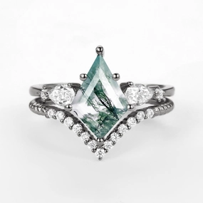 Black Gold Kite Moss Agate Three Stones Engagement Ring Set 2pcs Trendy Embellishment