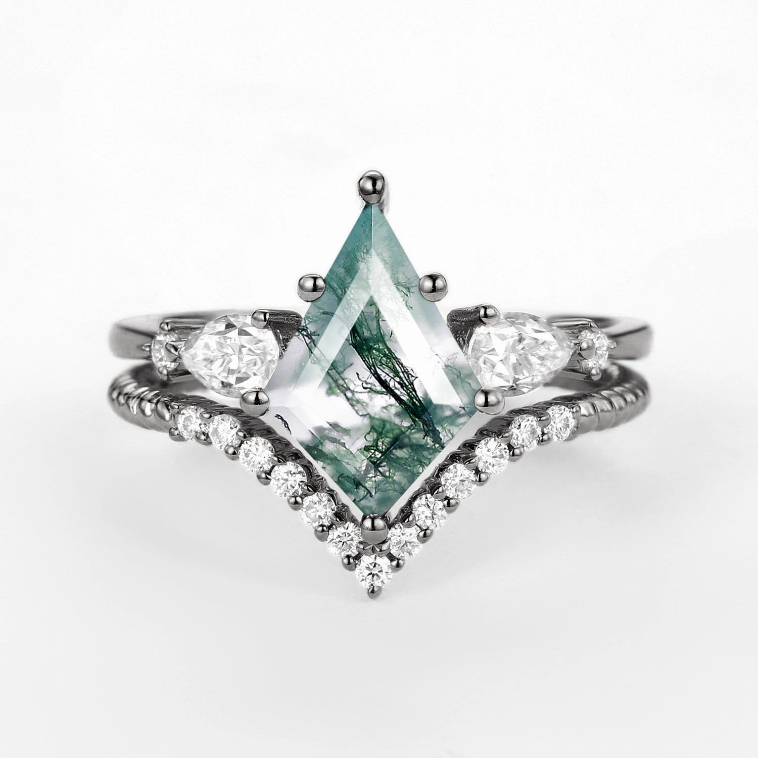 Modern Mark Black Gold Kite Moss Agate Three Stones Engagement Ring Set 2pcs