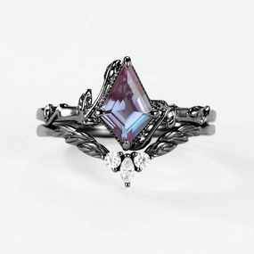 Black Gold Lab Alexandrite Leafy Inspired Engagement Ring Sets 2pcs Outfit Enhancer Meaningful Work