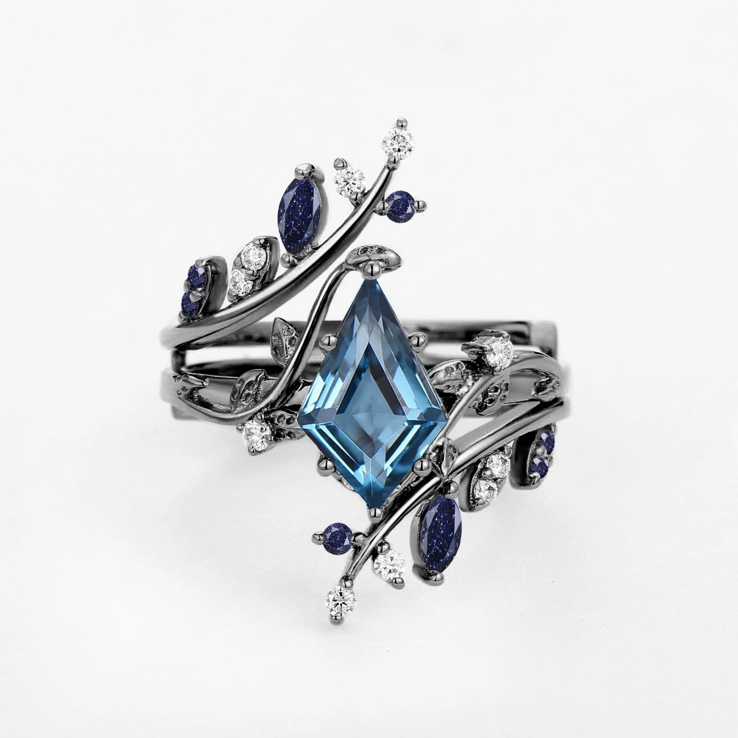 Black Gold London Blue Topaz & Sandstone Cage Leafy Engagement Ring Sets 2pcs Elegant Form Classic Contour