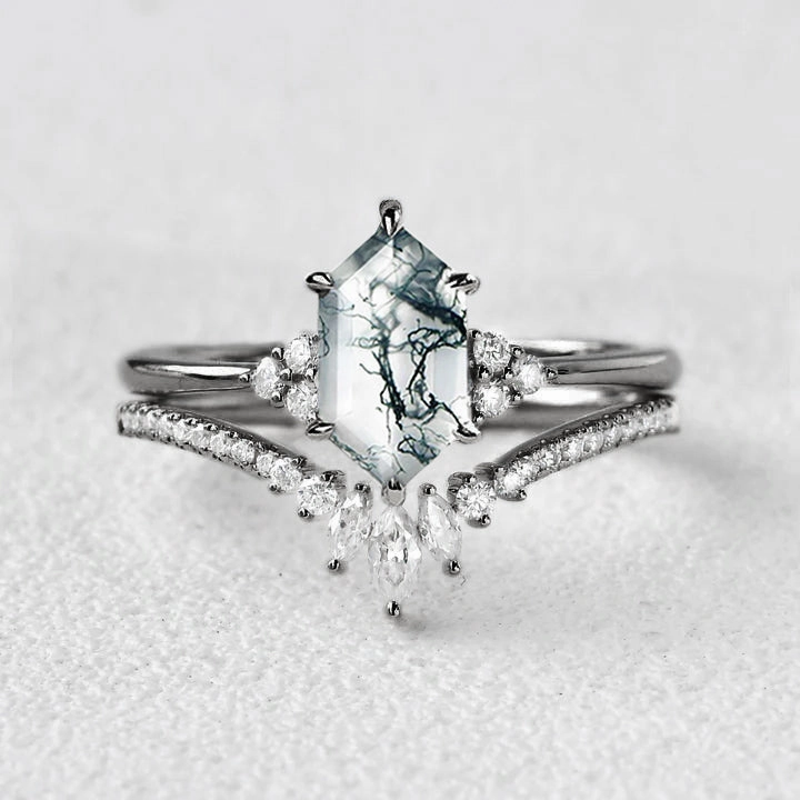 Vintage Embellishment Black Gold Long Hexagon Moss Agate Bridal Ring Set 2pcs - Lydia