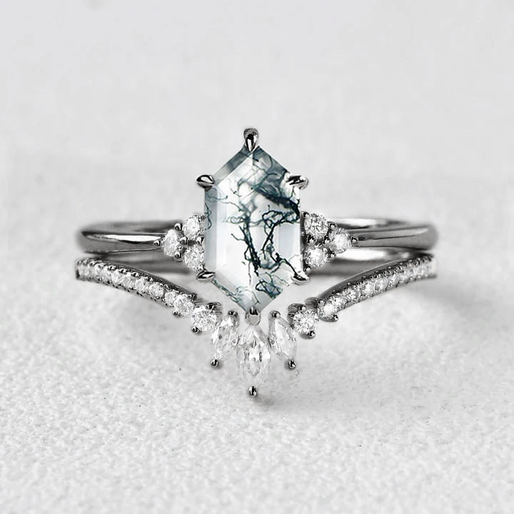 Black Gold Long Hexagon Moss Agate Bridal Ring Set 2pcs - Lydia Sentimental Ornament Timeless Expression