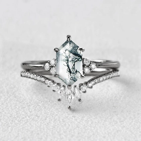 Black Gold Long Hexagon Moss Agate Bridal Ring Set 2pcs - Lydia Sentimental Ornament Timeless Expression