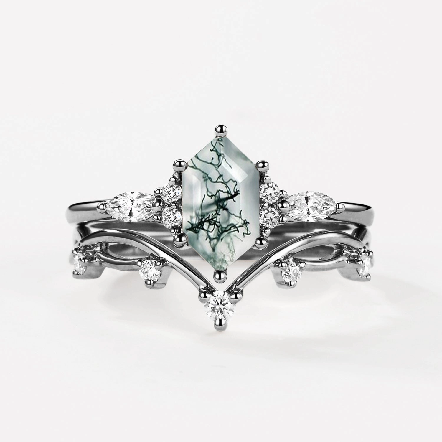 Black Gold Long Hexagon Moss Agate Leafy Ring Set 2pcs - Ona Refined Simplicity