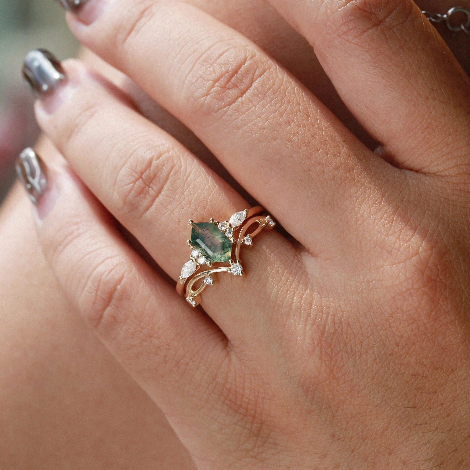 Black Gold Long Hexagon Moss Agate Leafy Ring Set 2pcs - Ona Easy Maintenance Everyday Piece