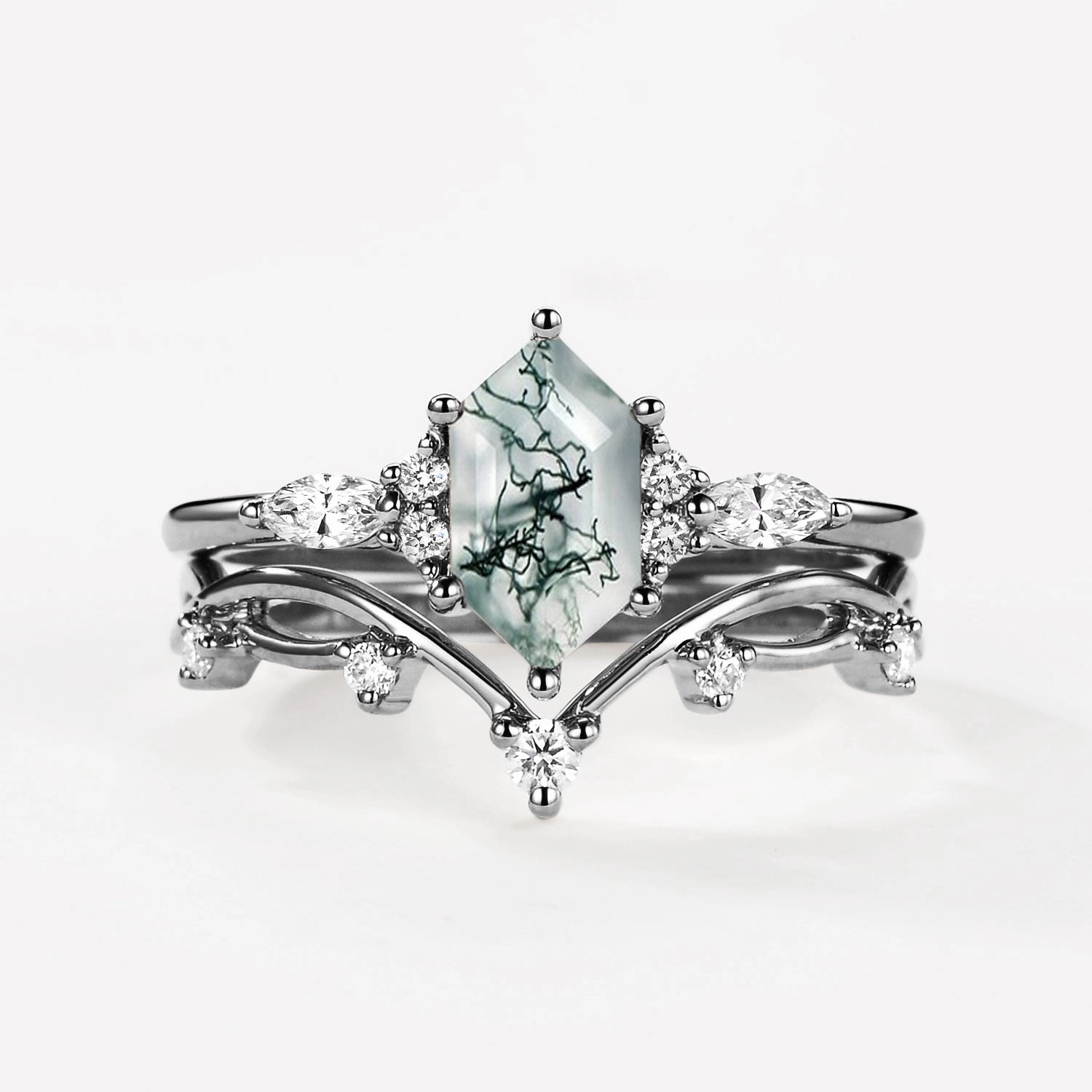 Analog Style Autumn Collection Black Gold Long Hexagon Moss Agate Leafy Ring Set 2pcs - Ona