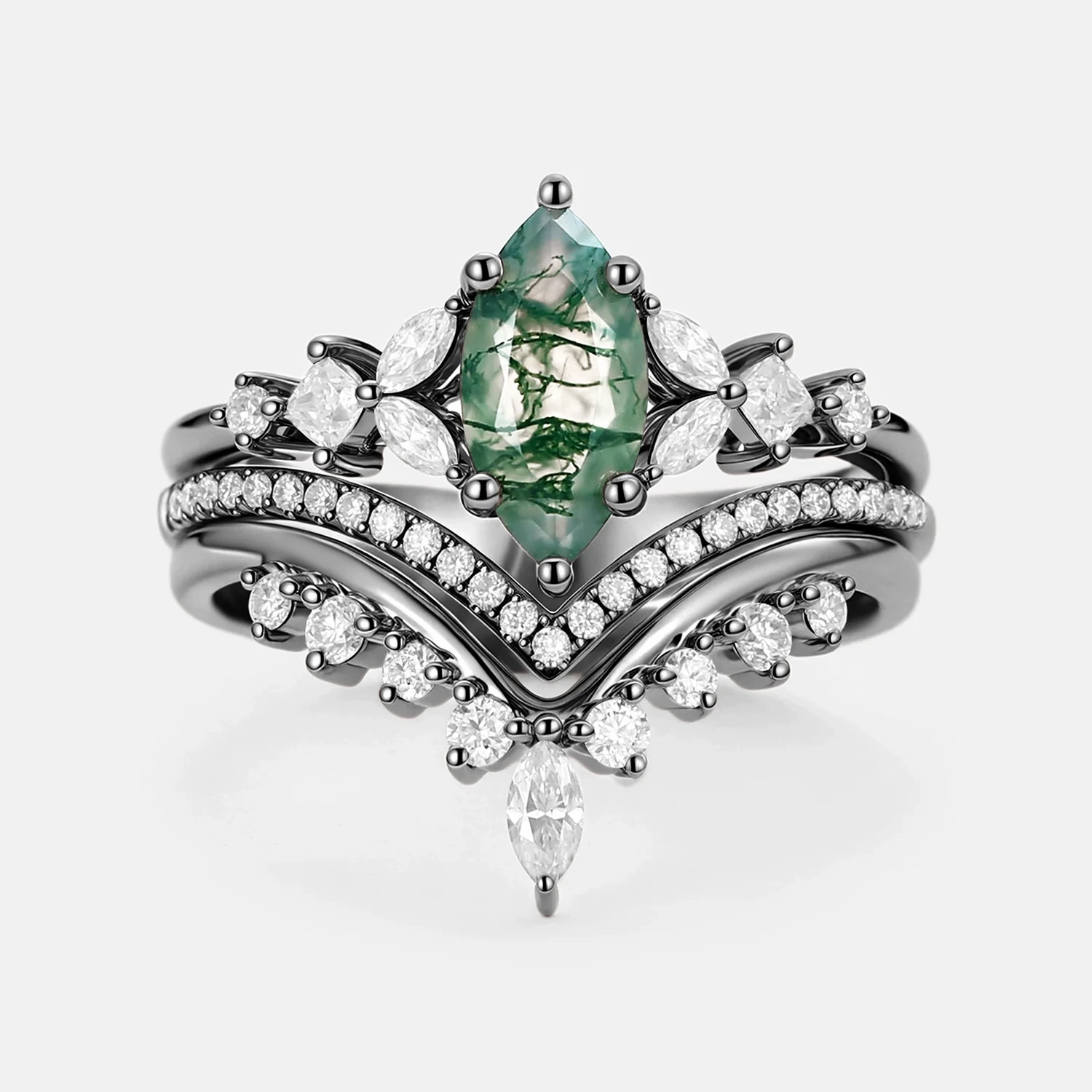 Black Gold Marquise Moss Agate Engagement Ring Set 3pcs Showcase Example