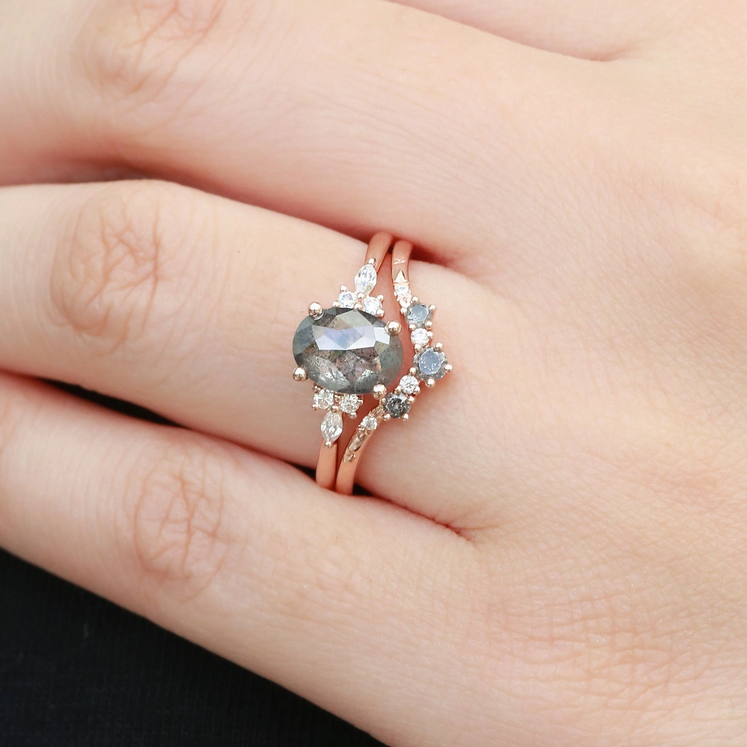 Black Gold Oval Cut Salt and Pepper Diamonds Engagement Ring Sets 2pcs Artisan Design