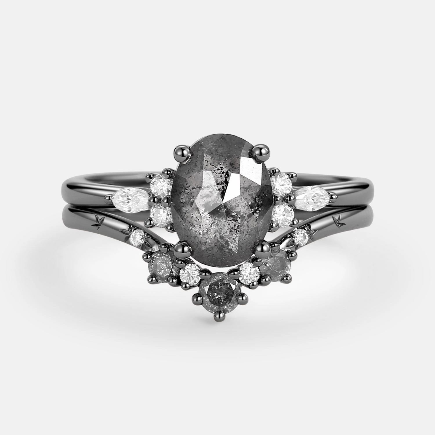 Black Gold Oval Cut Salt and Pepper Diamonds Engagement Ring Sets 2pcs Modern retro