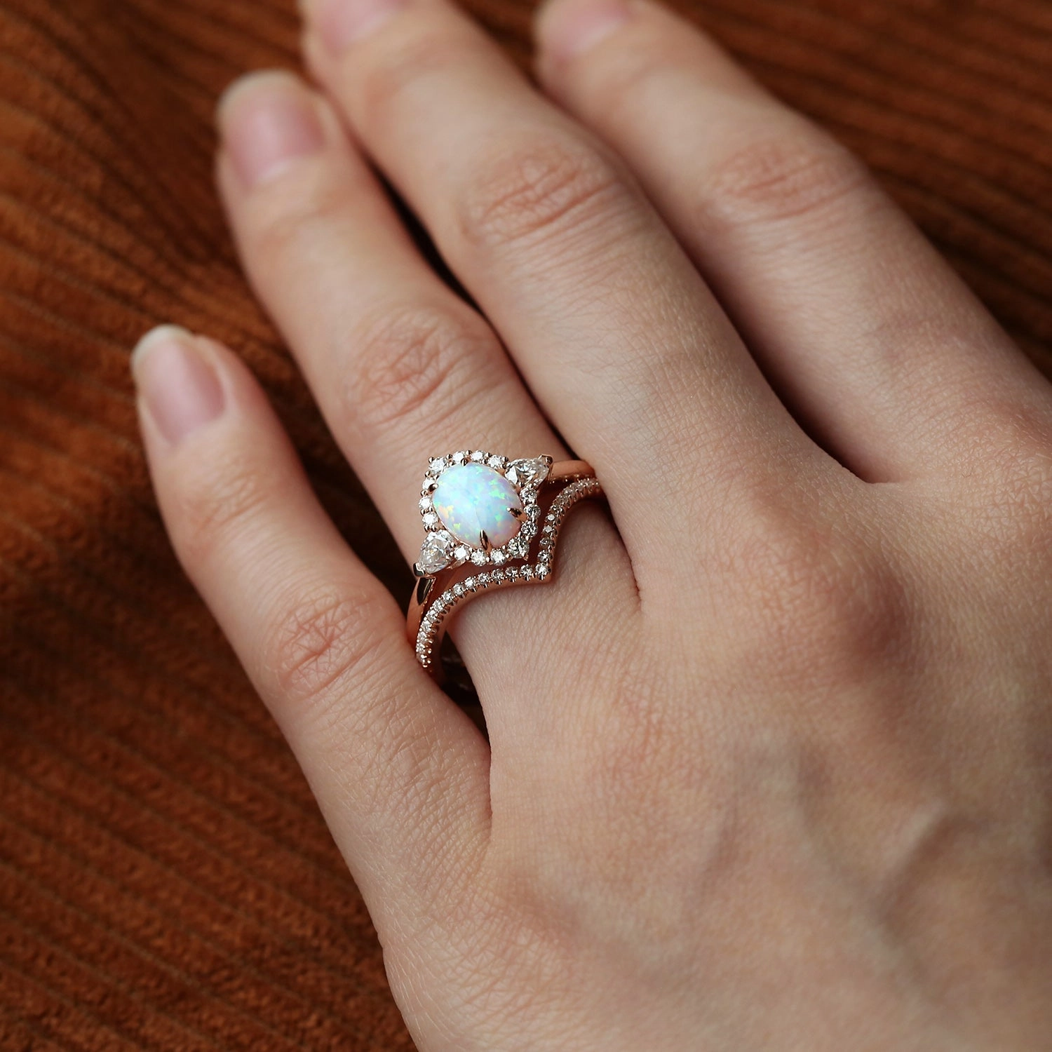 Black Gold Oval Opal Halo Ring Set 2pcs Lively Present