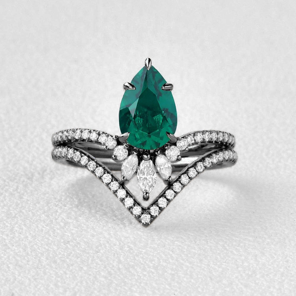 Black Gold Pear Emerald Classic Vintage Ring Set 2pcs - Mila daily accessory