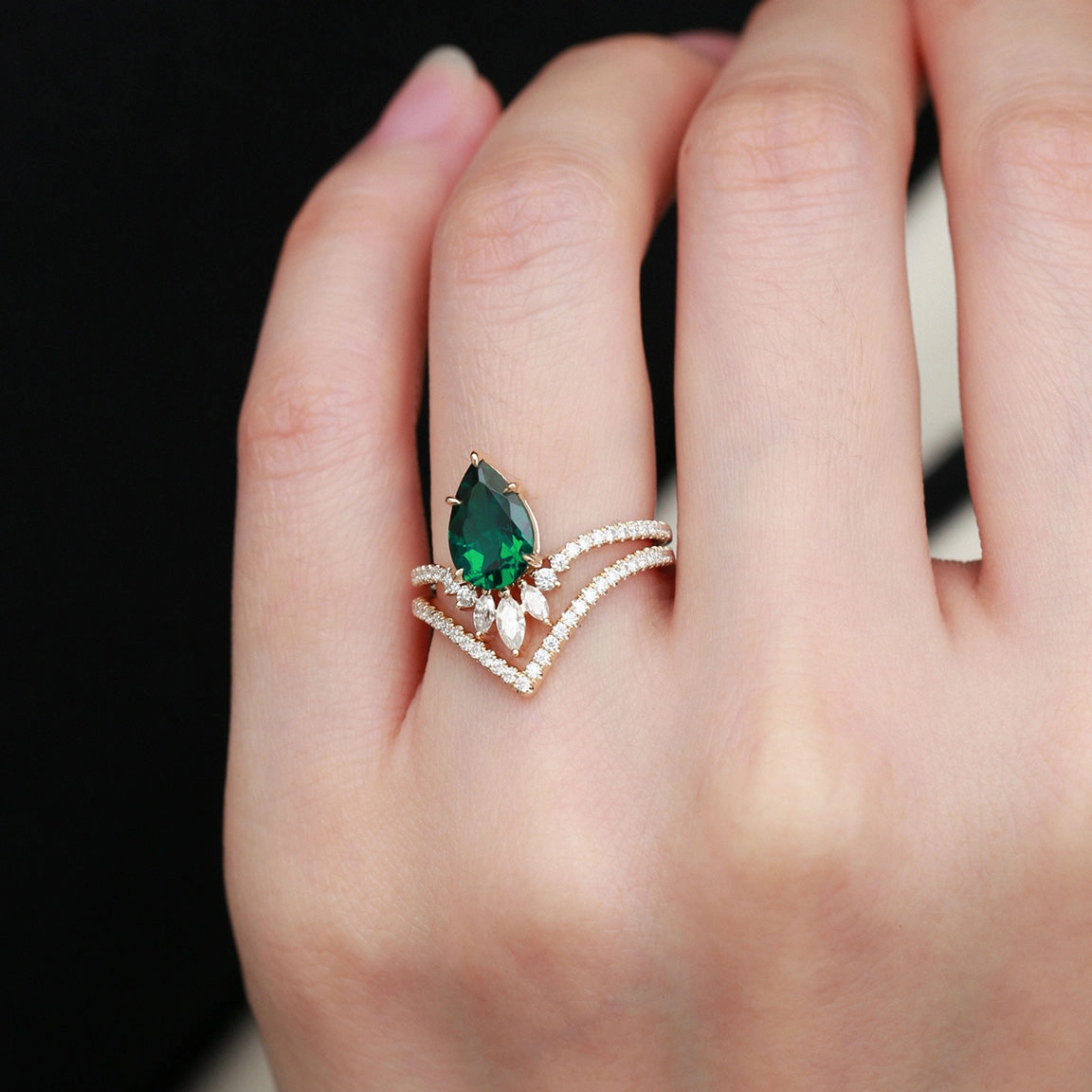 Black Gold Pear Emerald Classic Vintage Ring Set 2pcs - Mila Minimalist Symbol