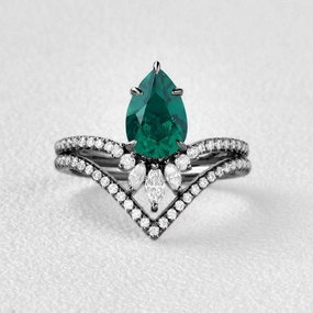 Black Gold Pear Emerald Classic Vintage Ring Set 2pcs - Mila daily accessory